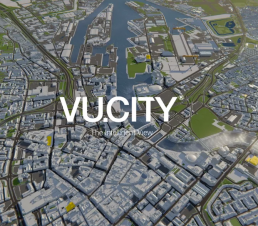 Screen shot of VuCity software, stylised ariel view of Belfast